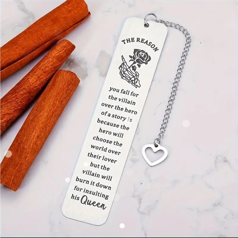 Silver Bookmark with hanging heart and dark romance quote